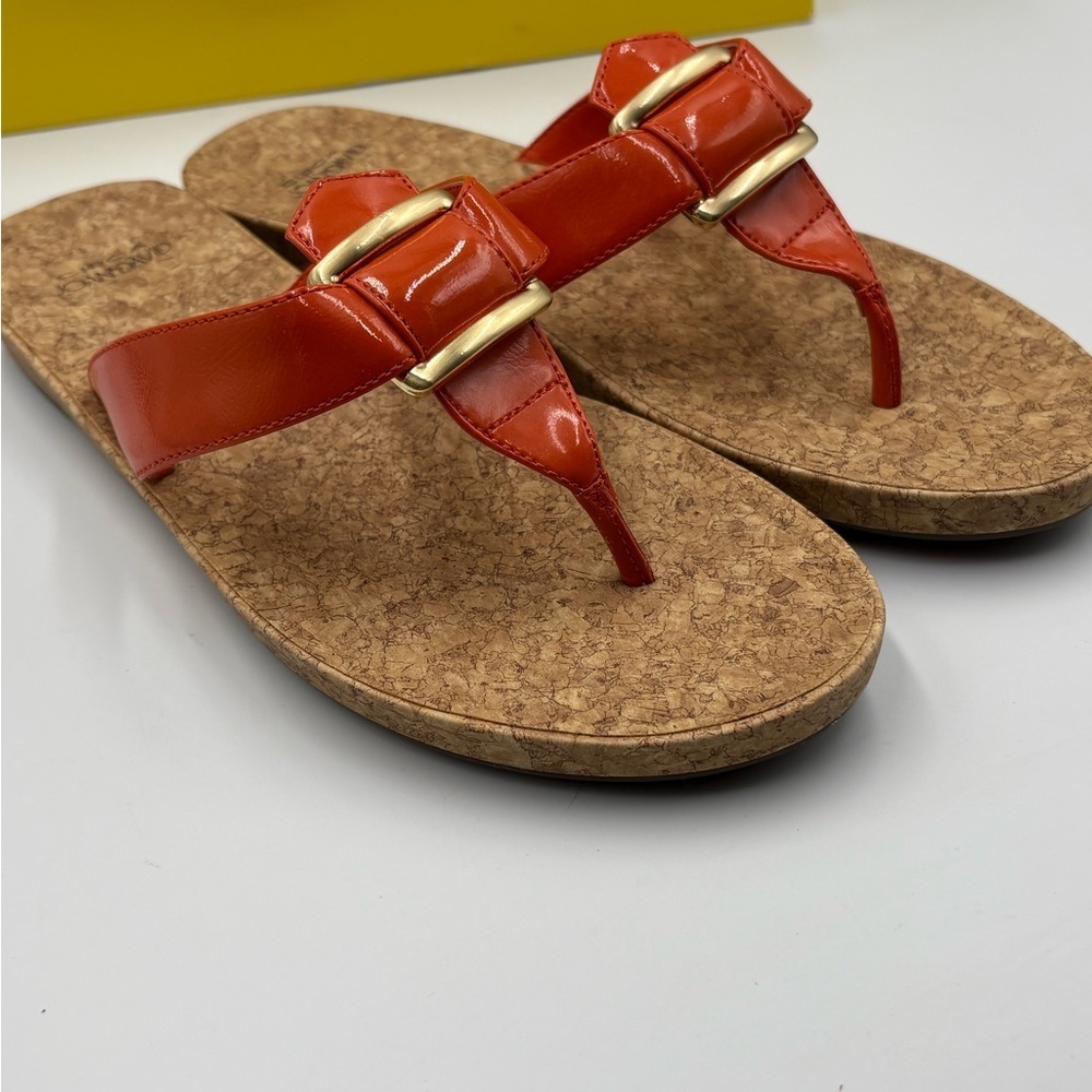 Joan & David Orange Patent Cork Thong Sandals with Gold Buckles